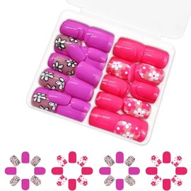 48Pcs Press on Nails Short Square, Flower Fake Nails, Purple Pink False Nails Solid Color Glue on Nails Cute Full Cover Stick on Nails Floral Acrylic Nails Kit for Women Manicure