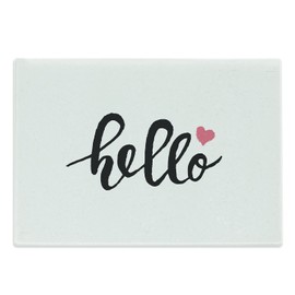 Ambesonne Hello Cutting Board, Typographic Design Handwritten Letter Font Message of Hello with a Heart, Decorative Tempered Glass Cutting and Serving Board, Large Size, Pink Black White