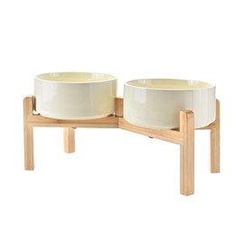 SPUNKYJUNKY Elevated Dog Bowls Ceramic, 7.3'' Dogs Food Water Bowls Raised with Non-Slip Bamboo Stand for Medium to Large Sized Breed Microwave Dishwasher Safe - 42 OZ,Beige