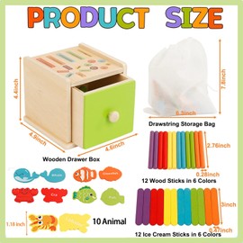 TUNJEJINY Montessori Toys for Toddlers,Wooden Coin Box Color Sorting Toy, 3-in-1 Educational Fine Motor Sensory Matching Games for Girl Boy Child Gifts (Round Stick+Ice Cream Stick+sea Animal)