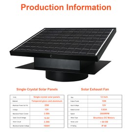 Bghdas 25W Solar Attic Fan, 8 Inch IP68 Waterproof Solar Roof Vent Fan, Easy Installation for Attics, Garage, Shop and Warehouse