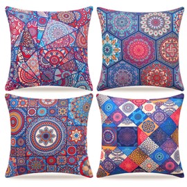 Decorative Cushion Covers 45 x 45 cm Linen Boho Pilowcase Vintage Purple Mandala Flowers Geometric Pattern Throw Pillow Case for Sofa Couch Graden Livingroom Set of 4