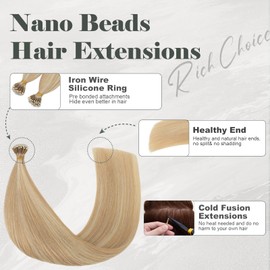 Rich Choices Nano Hair Extensions Real Human Hair Ash Blonde mix Bleach Blonde 20 Inch 50 Strand/Pack Straight Remy Human Hair Extensions Nano Cold Fusion with Nano Beads Ring Tips