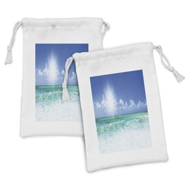 Lunarable Ocean Fabric Pouch Set of 2, Sky and Beach Waves Panoramic Photo Tropical Summer, Small Drawstring Bag for Toiletries Masks and Favors, 9" x 6", Dark Seafoam Azure Blue
