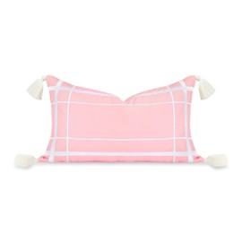 Hofdeco Premium Coastal Patio Indoor Outdoor Lumbar Pillow Cover Only, 12"x20" Water Repellent for Backyard, Couch, Blush Pink Embroidered Line Frame