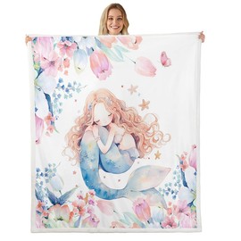Homemissing Kids Mermaid Fleece Throw Blanket Single 50x60Inch Boys Girls Ocean Marine Theme Plush Blanket Flower Floral Print Sherpa Blanket Creature Sealife Fuzzy Blanket