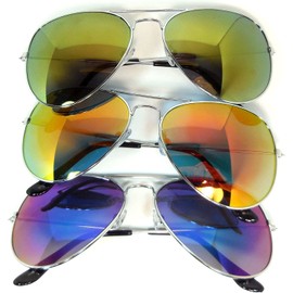 3 pairs Classic Aviator Sunglasses Full Mirror Lens (03 pairs-red-blue-yellow)