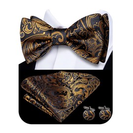 Dubulle Mens Self Tied Bow Ties Set Paisley Floral Silk Handkerchief Cufflinks Bowties for Men Wedding Business,Black Dark Gold