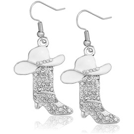 Rhinestone Western Boots Earrings Cowgirl Cowboy Enamel Hat Bohemian Rodeo Boot Drop Dangle Earrings for Women White Hat