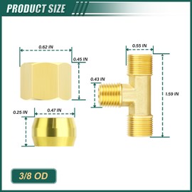 GORAGUCHI 5PCS Brass Tee，3/8" x 3/8" x 3/8" Tube OD Connector, Compression Tube Pipe Fitting Connector for Air/Fuel/Water/Gas/Oil