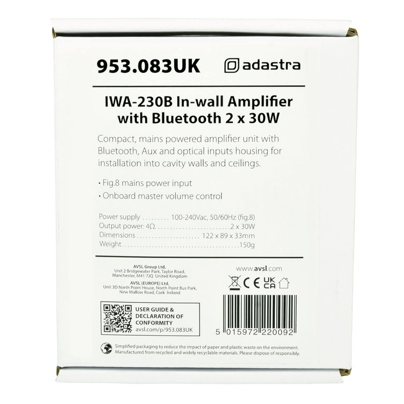 Adastra | Bluetooth In-Wall Full Stereo Amplifier | 2 x