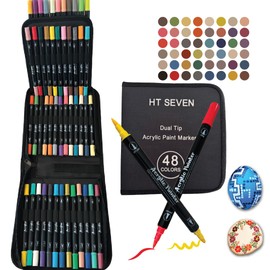 HT SEVEN Dual Tip Acrylic Paint Markers Set (48) - Professional Art Drawing Markers Brush & Fine Tip | Waterproof Paint Pens for Rock Painting, Wood & Book Coloring, Canvas Calligraphy, DIY Crafts