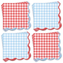 FYSUIMU 50Pcs Gingham Cocktail Napin, Light Blue Red, Scalloped, 3-Ply