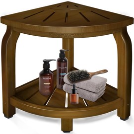 KingPavonini Bamboo Corner Shower Stool for Shaving Legs Foot Rest, Waterproof Bath Bench Seat with Storage Shelf for Bathroom Inside Shower, Hold Up to 450Lbs