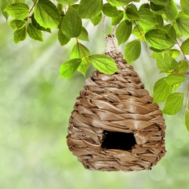 Relaxdays Bird Nest, Decorative Nesting Box, Hanging, Coir Fibre, Braided, Garden, Balcony, Nest H x D 38 x 21 cm, Natural, B, 10027974_470