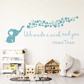 Home Nursery Room Wall Decor Sticker Baby Elephant Blowing Bubble Wall Sticker Vinyl Wall Decal Quotes We Made a Wish and You Came True Kids Bedroom Wall Mural AFN100 (Teal Green)