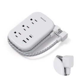 USB C Travel Power Strip, BESHON Ultra Flat Extension Cord, Flat Plug Power Strip, 3 Outlets with 3 USB Ports(2 USB C), 3.2ft Wrapped Around Extension Cord for Cruise Ship, Travel Essentials, Grey