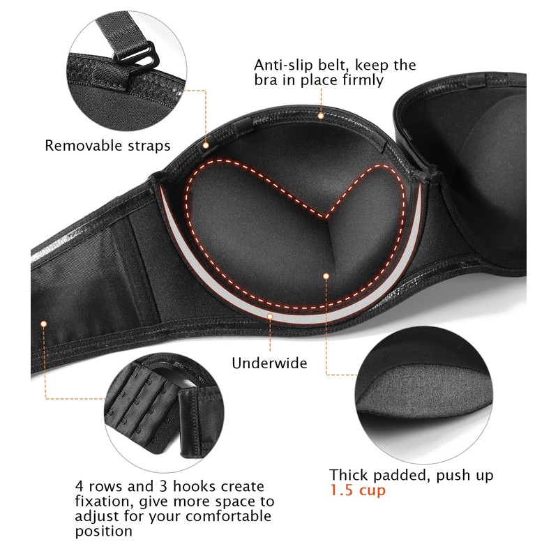 Exclare Women's Push Up Underwire Strapless Multiway Thick Padded Underwire