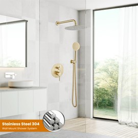 gotonovo 10 Inch Round Rain Shower System Wall Mounted Bathroom Mixer Combo Set High Pressure Shower Head with Rough in Valve Round Handheld Brushed Gold
