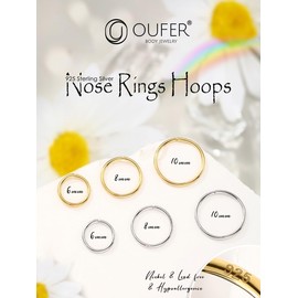 OUFER 20G Silver 925 Nose Ring Nostril Piercing Ring 6/8/10 mm Nose Piercing Seamless Open Nose Ring Nose Hoop Ring Piercing Nose Cartilage Ear Piercing, Sterling Silver, gold