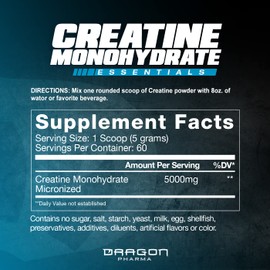 DRAGON PHARMA Creatine Monohydrate, Aid Muscle Recovery, Post-Workout Supplement, Antioxidant Support (60 Servings, Unflavored)