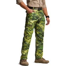CQR Men's Utility Flex Cargo Pants, Classic-Fit Casual Stretch Work Pants, Water Resistant Lightweight Tactical Hiking Pants, Tac Utility Camo Monsoon, 32W x 30L