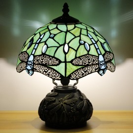 Small Tiffany Table Lamp Light Green Dragonfly Style Stained Glass Desk Lamp 10X11.5 Inch Mushroom Table Light for Office Home Living Room Bedroom