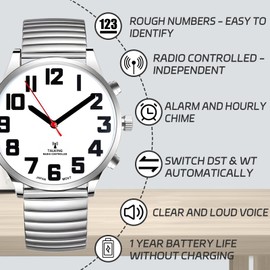 RUNCAR Atomic American English Talking Watch Speaks Clear and Loud Time, Date and Alarm time Stretch Band is Best Gift for Senior,Visually impaired, or Blind People (Silver)