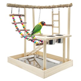 Hamiledyi Bird Playground Parrots Wood Perch Stand Cockatiel Playground Bird Play Gym Colours Climb Ladders Swing Chewing Toys with Parakeet Feeding Cups Exercise Activity Center for Lovebirds Conure