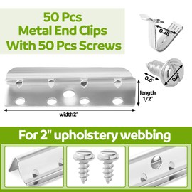 MorningRo 50 Pcs Metal End Clips for Rubber/Elastic Lawn Chair Webbing 2" Upholstery Spring Metal Lawn Chair Webbing Strap clips Replacement Kit with Screws for Couch Furniture