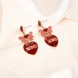 Sweet Heart Drop Dangle Earrings for Women Valentines Day Earrings Glittering Butterfly Earrings (Red)