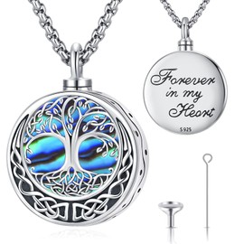 Odinstone Round Tree of Life Urn Necklace for Ashes Sterling Silver Abalone Shell Tree of Life Cremation Jewelry w/Funnel Filler Memorial Jewelry Gifts for Women Girls