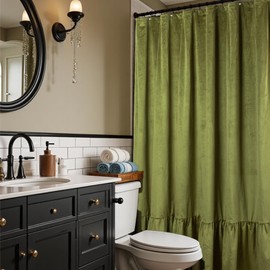 MUGINYU Sage Green Velvet Shower Curtain - Shaby Chic Ruffle Bath Curtain Heavy Duty 72x72 Inch for Bathroom, Hotel Luxury, 12 Hooks,Farmhouse French Country Aesthetic Bathroom Decor Set