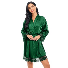 Women's Satin Robes Lace Silk Robe Bride Bridesmaid Robes Bridal Robes Soft Kimono Bathrobe, Emerald Green, One Size