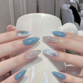 QQPPOLIU Almond Press on Nails Medium Length Marble Design Glue on Nails Blue Nails Press Ons Cute Fake Nails for Women 24pcs