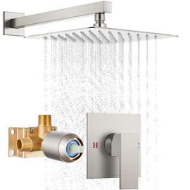 Cinwiny Brushed Nickel Bathroom Rain Shower System 12 Inch Square Rainfall ShowerHead,Wall Mounted Shower Faucet Set High Pressure Single Function Single Handle with Rough-in Valve Shower Trim Kit