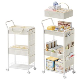 BBLIKE 3-Tier Diaper Caddy Organizer - Rolling Utility Baby Cart with Basket and Side Pockets for Nursery and Baby Essentials, Multi-Function Cart for Bedroom and Bathroom, Begie