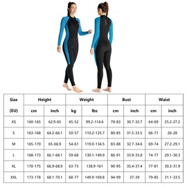 Women 3mm Neoprene Wetsuits Adult One Piece Full Body Long Sleeves Diving Suit