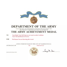 United States Army Achievement Medal Replacement Certificate