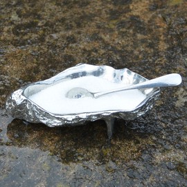 Fine Pewter Salt Bowl with Simple Spoon, Handcast from an Oyster Shell by William Sturt