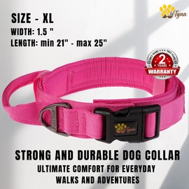 ADITYNA - Tactical Dog Collar for Extra-Large Dogs - Soft Padded, Heavy Duty, Adjustable Big Pink Dog Collar with Handle for Training and Walking (Extra-Large: Fit 21-25" Neck, Pink)