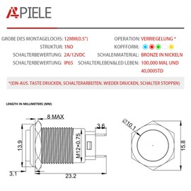 APIELE Pack of 2 12 mm Locking Pressure Switch 12 V, Aluminium Housing Protruding with LED Ring Lighting Waterproof Latch Push Button Switch, Car RV Truck Boat On/Off Button Switch (Blue)