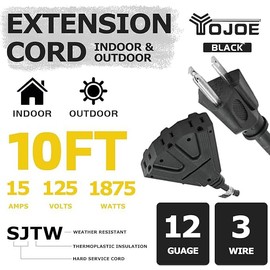 YOJOE 3-Outlets Indoor Outdoor Extension Cord, 3 Prong 15A Weatherproof Power Cord Multiple Outlets, 12 Gauge Heavy Duty 10 ft Black Extension Cord for Garage, Garden, 12/3 SJTW UL Listed