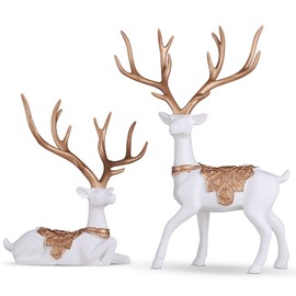 Set of 2 Christmas Reindeer Statues, Fawn Statue Christmas Decorations on Shelf, Modern Blue Home Decor Large Reindeer Christmas Table Decorations for Living Room Entrance Table Decorations (White)