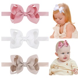 jollybows 3 PCS 4" Baby Girls Headbands Boutique Grosgrain Ribbon Hair Bows Baby Girls Bows Headbands for Baby Girls Infants Toddler Kids Teens and Children - White Cream Pink