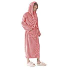 KORBLISS Robes for Women - Hooded Plush Fleece Bathrobe with Sash & Pockets, Full-Length Lightweight Spa Robe, Warm Silky Soft, Coral, XL