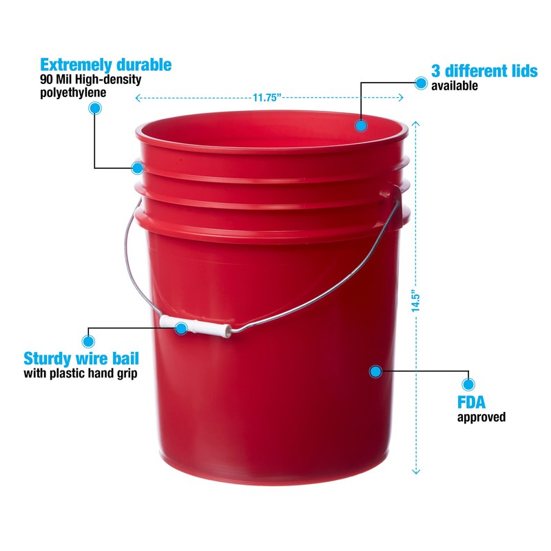 Hudson Exchange Premium 5 Gallon Bucket, HDPE (Red, 12 Pack)