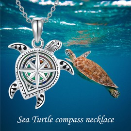 CUPENDA Turtle Necklaces Sterling Silver Abalone Shell Compass Pendant Necklace Turtle Ocean Jewelry Gifts for Women