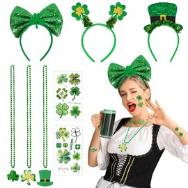 Gibocot 8pcs St. Patrick's Day Accessories Set for Adult Kids with St Patricks Day Headbands Shamrock Necklaces Four Leaf Clover Temporary Tattoos for St. Patrick's Lucky Irish Party Favors