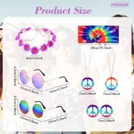 PYSEOSISE Hippie Costume Set, 7 Pcs Hippie Accessories, Rainbow Headband Flower Crown Sunglasses Peace Sign Necklace Earrings